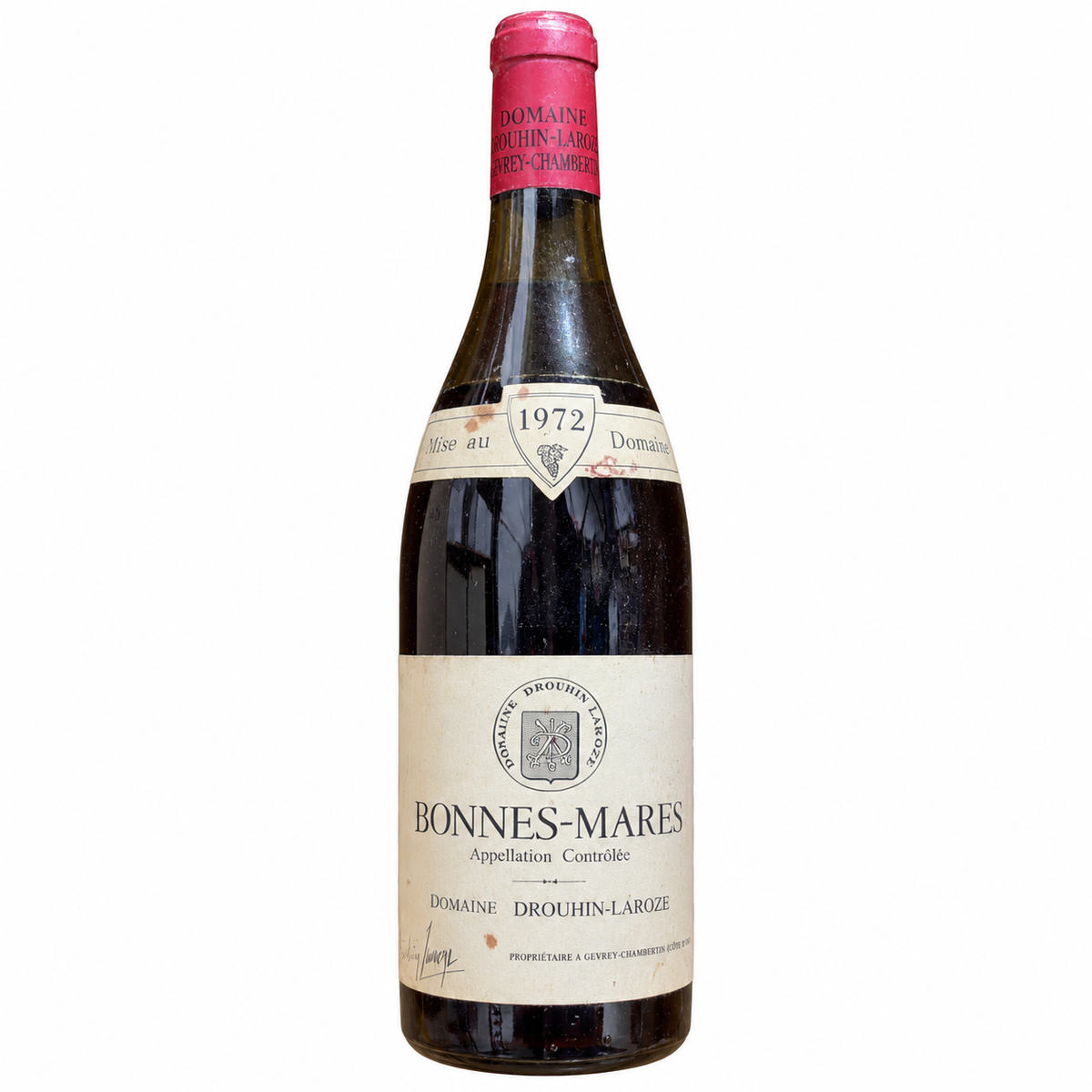 Domaine Drouhin-Laroze Bonnes-Mares Grand Cru 1972 – vrijstaande fles op witte achtergrond